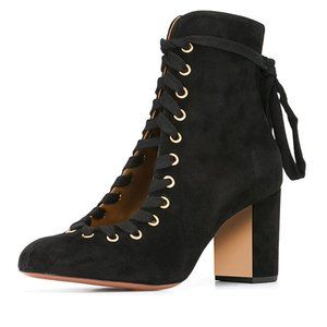 XYD Round Toe Lace Up Zipper Block Heel Ankle Booties